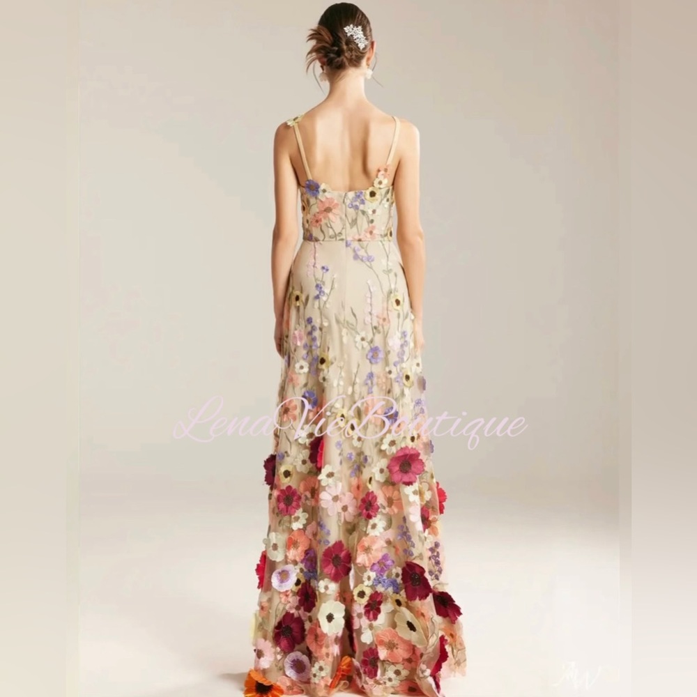Lena Vie Hannah Dripping Embroidered Floral Long Luxury Dress, MADE TO ORDER - Picture 3 of 8